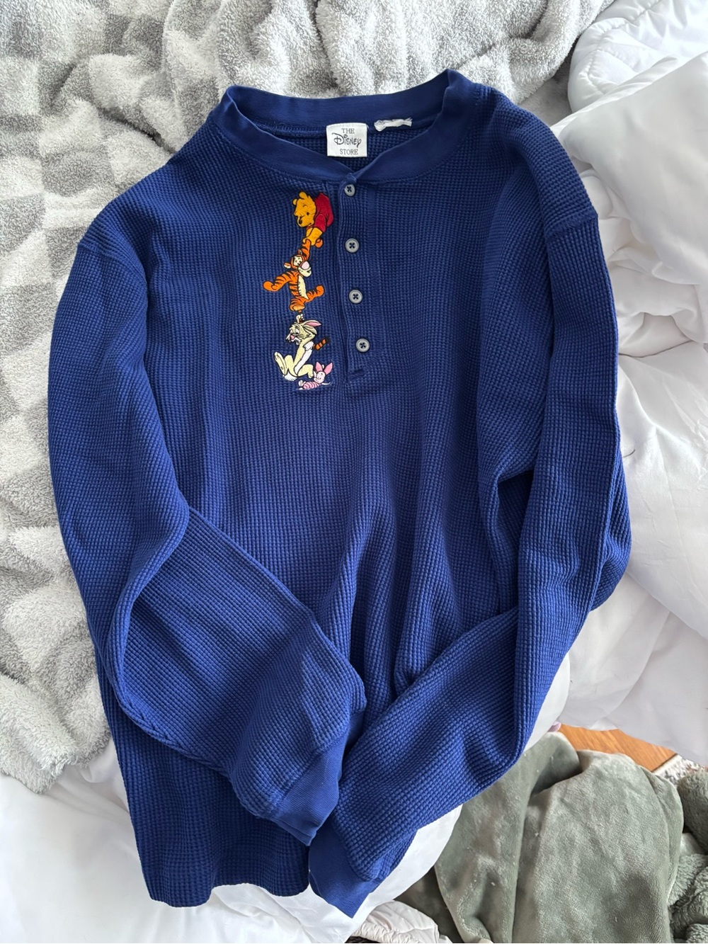 Disney Blue Short Sleeve Henley Tee with Winnie the Pooh & Friends Embroidery